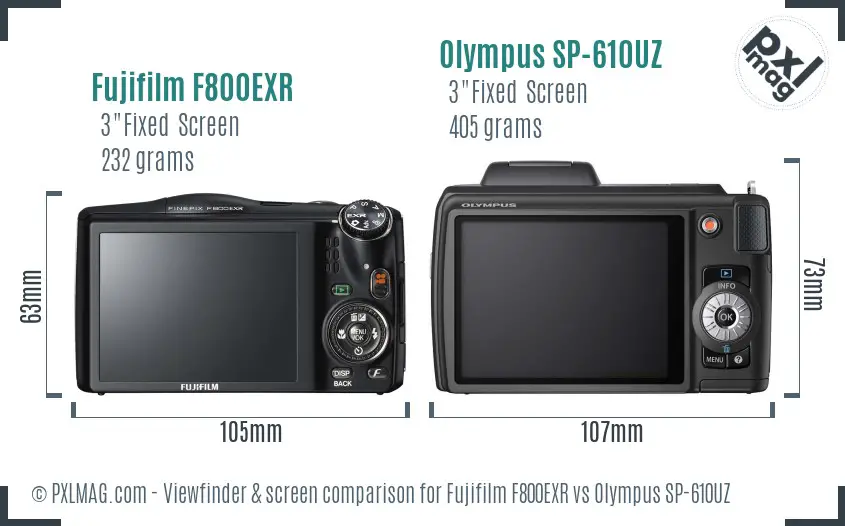 Fujifilm F800EXR vs Olympus SP-610UZ Screen and Viewfinder comparison