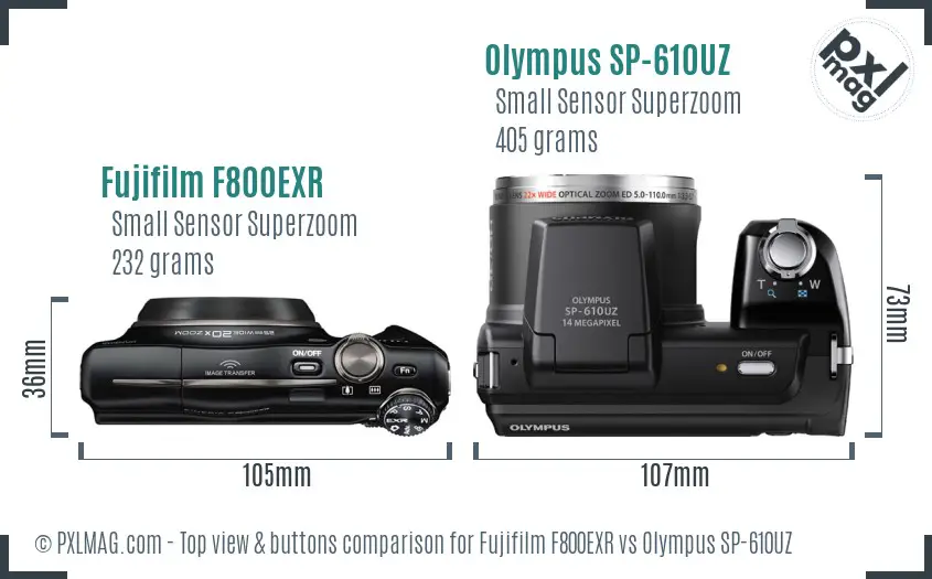 Fujifilm F800EXR vs Olympus SP-610UZ top view buttons comparison