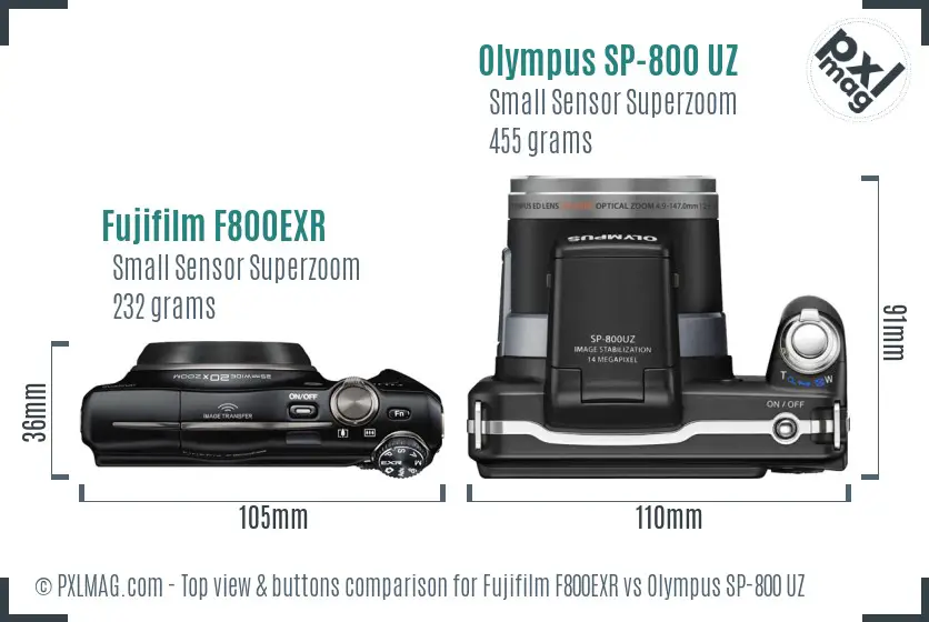 Fujifilm F800EXR vs Olympus SP-800 UZ top view buttons comparison Fujifilm F800EXR vs Olympus SP-800 UZ top view buttons comparison