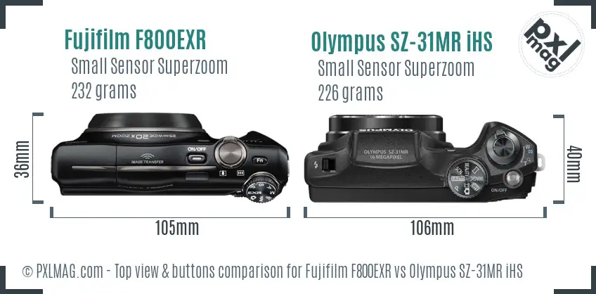 Fujifilm F800EXR vs Olympus SZ-31MR iHS top view buttons comparison