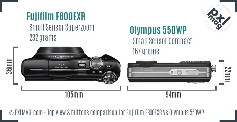 Fujifilm F800EXR vs Olympus 550WP top view buttons comparison