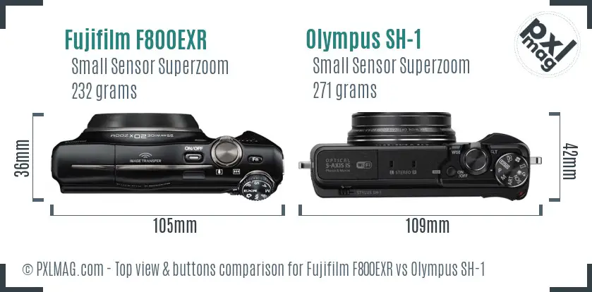 Fujifilm F800EXR vs Olympus SH-1 top view buttons comparison