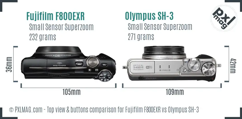 Fujifilm F800EXR vs Olympus SH-3 top view buttons comparison