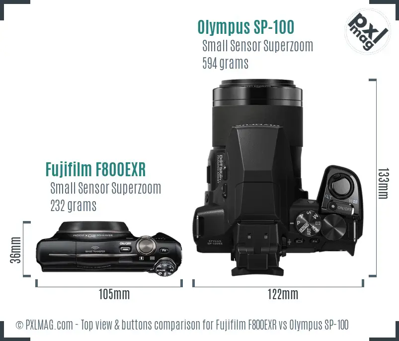 Fujifilm F800EXR vs Olympus SP-100 top view buttons comparison