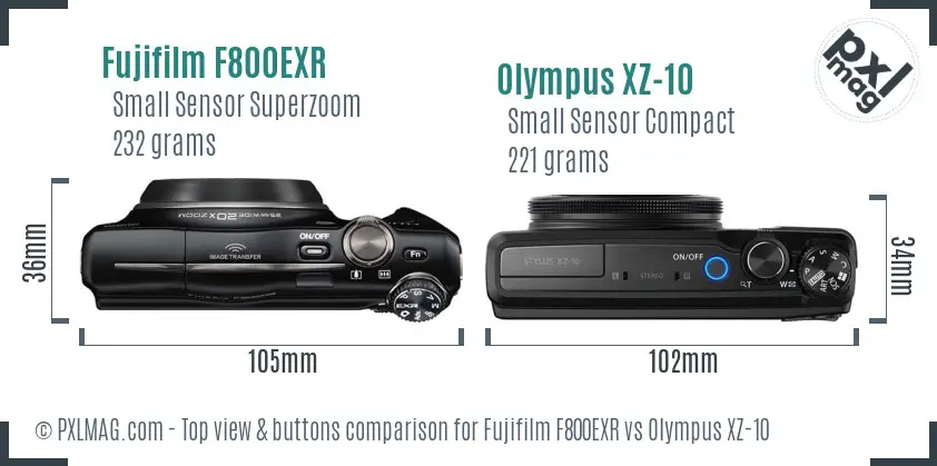 Fujifilm F800EXR vs Olympus XZ-10 top view buttons comparison