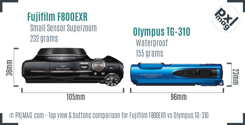 Fujifilm F800EXR vs Olympus TG-310 top view buttons comparison