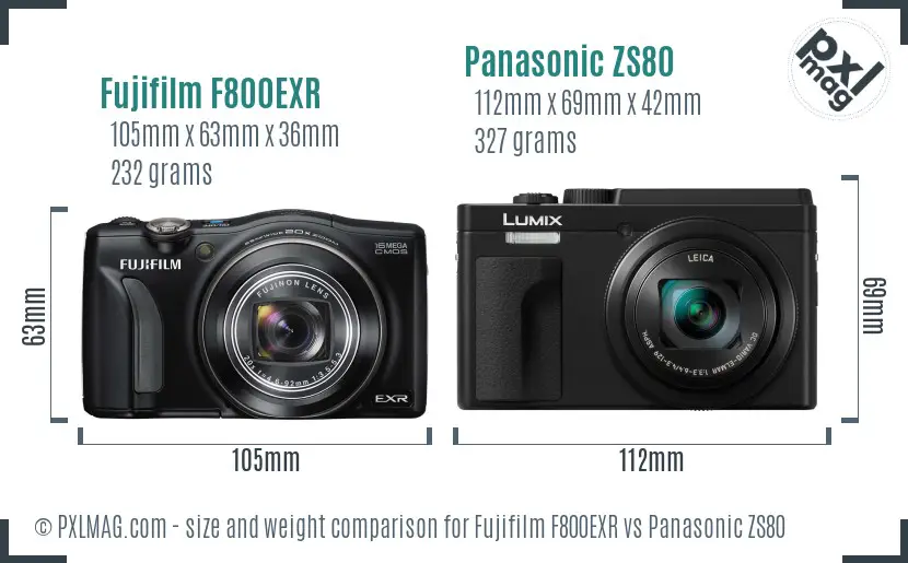 Fujifilm F800EXR vs Panasonic ZS80 size comparison