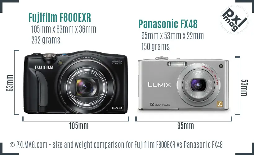 Fujifilm F800EXR vs Panasonic FX48 size comparison