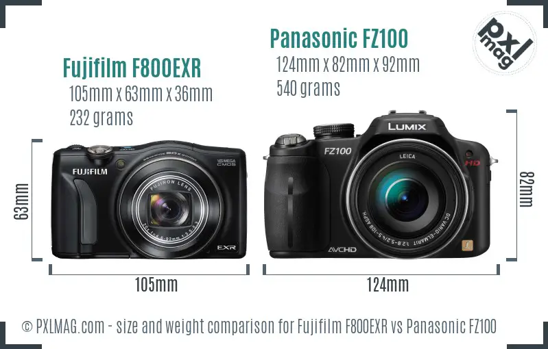 Fujifilm F800EXR vs Panasonic FZ100 size comparison Fujifilm F800EXR vs Panasonic FZ100 size comparison