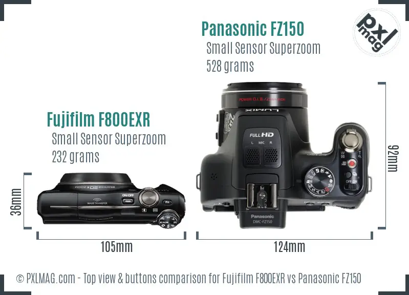 Fujifilm F800EXR vs Panasonic FZ150 top view buttons comparison Fujifilm F800EXR vs Panasonic FZ150 top view buttons comparison