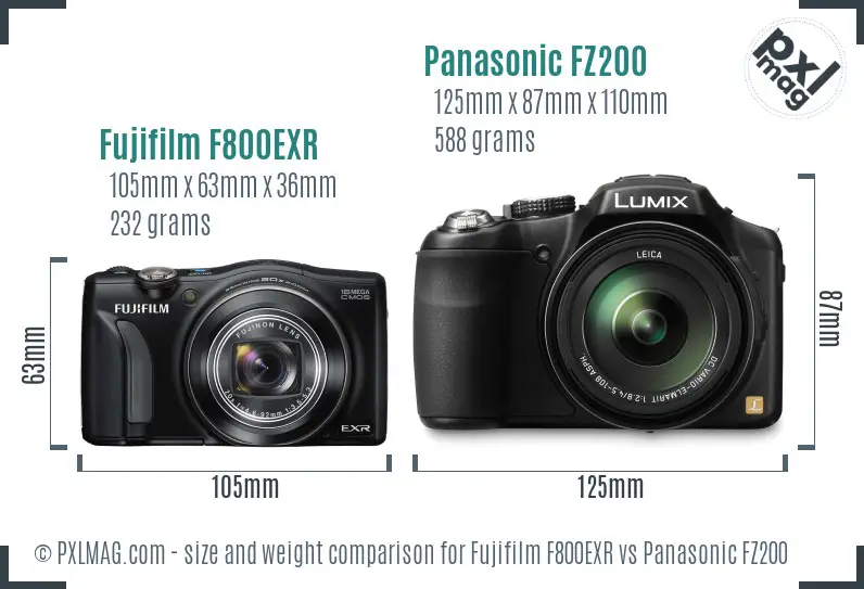 Fujifilm F800EXR vs Panasonic FZ200 size comparison