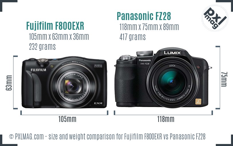 Fujifilm F800EXR vs Panasonic FZ28 size comparison