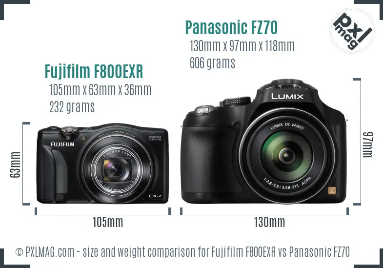 Fujifilm F800EXR vs Panasonic FZ70 size comparison
