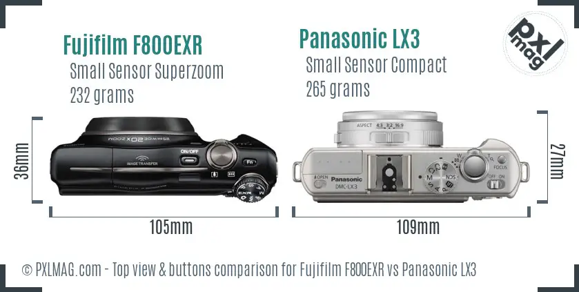 Fujifilm F800EXR vs Panasonic LX3 top view buttons comparison