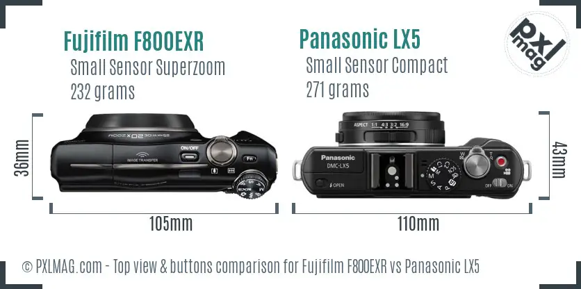 Fujifilm F800EXR vs Panasonic LX5 top view buttons comparison Fujifilm F800EXR vs Panasonic LX5 top view buttons comparison