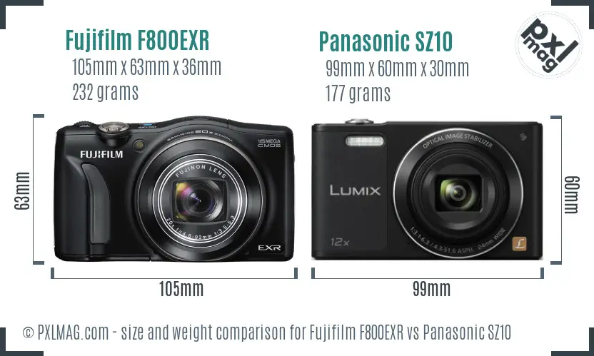 Fujifilm F800EXR vs Panasonic SZ10 size comparison