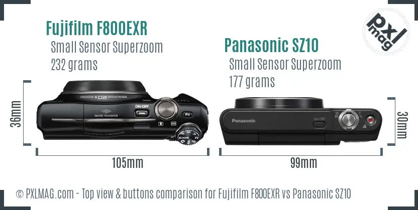 Fujifilm F800EXR vs Panasonic SZ10 top view buttons comparison