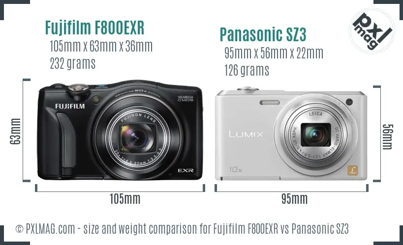 Fujifilm F800EXR vs Panasonic SZ3 size comparison