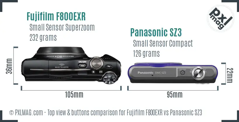 Fujifilm F800EXR vs Panasonic SZ3 top view buttons comparison