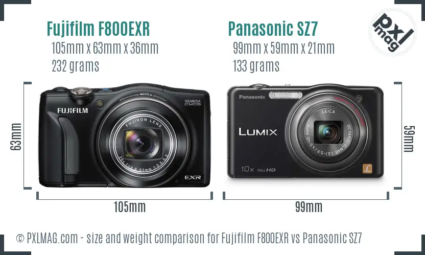 Fujifilm F800EXR vs Panasonic SZ7 size comparison