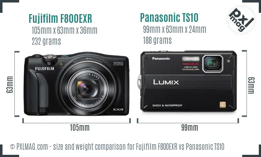 Fujifilm F800EXR vs Panasonic TS10 size comparison