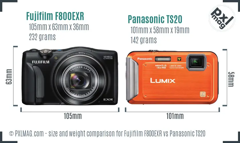 Fujifilm F800EXR vs Panasonic TS20 size comparison