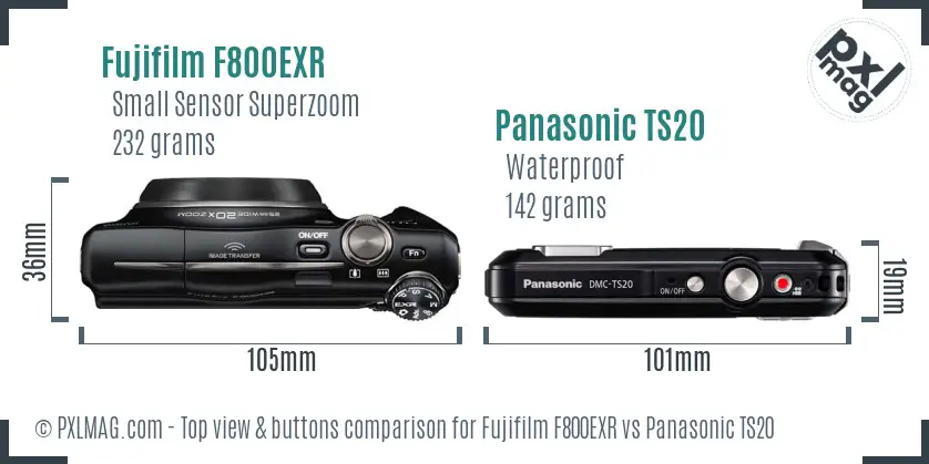 Fujifilm F800EXR vs Panasonic TS20 top view buttons comparison