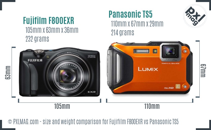 Fujifilm F800EXR vs Panasonic TS5 size comparison
