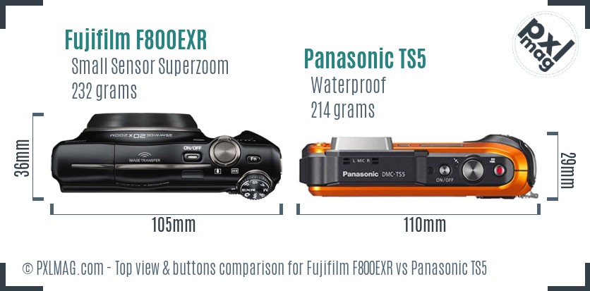 Fujifilm F800EXR vs Panasonic TS5 top view buttons comparison
