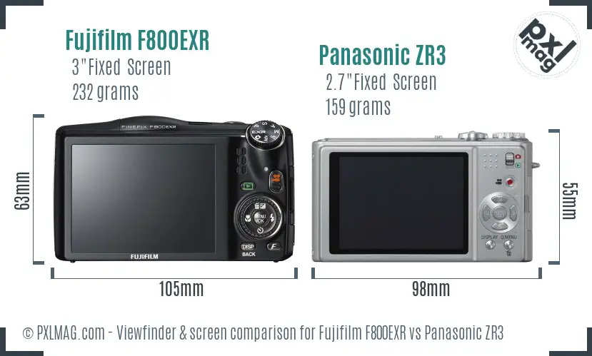 Fujifilm F800EXR vs Panasonic ZR3 Screen and Viewfinder comparison