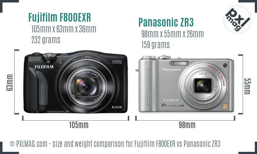 Fujifilm F800EXR vs Panasonic ZR3 size comparison