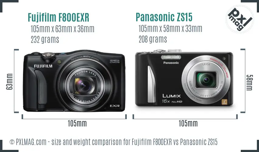 Fujifilm F800EXR vs Panasonic ZS15 size comparison