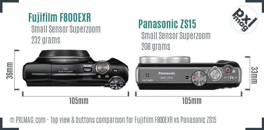 Fujifilm F800EXR vs Panasonic ZS15 top view buttons comparison