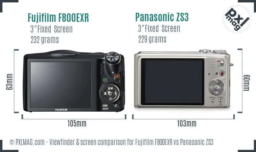 Fujifilm F800EXR vs Panasonic ZS3 Screen and Viewfinder comparison