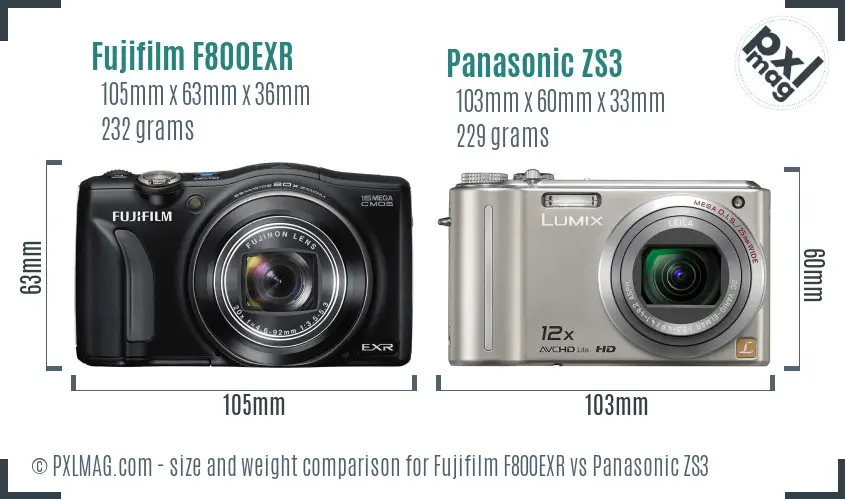 Fujifilm F800EXR vs Panasonic ZS3 size comparison