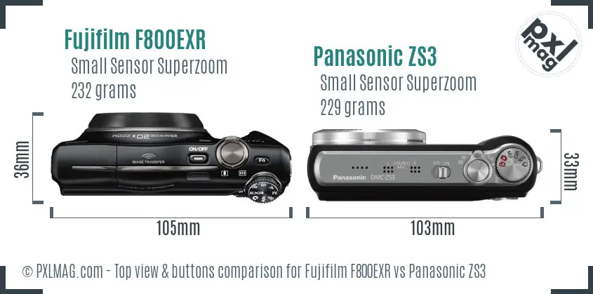 Fujifilm F800EXR vs Panasonic ZS3 top view buttons comparison
