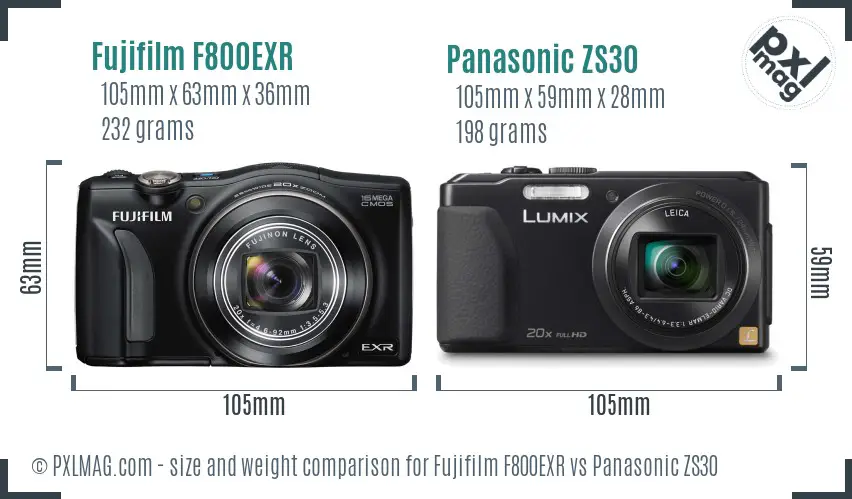 Fujifilm F800EXR vs Panasonic ZS30 size comparison