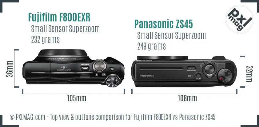 Fujifilm F800EXR vs Panasonic ZS45 top view buttons comparison Fujifilm F800EXR vs Panasonic ZS45 top view buttons comparison