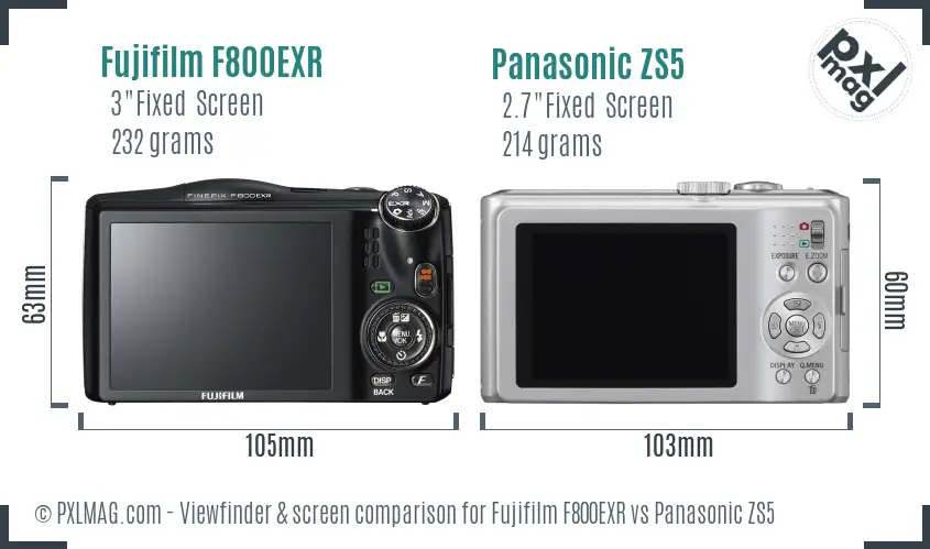 Fujifilm F800EXR vs Panasonic ZS5 Screen and Viewfinder comparison