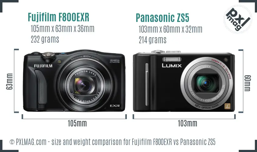 Fujifilm F800EXR vs Panasonic ZS5 size comparison
