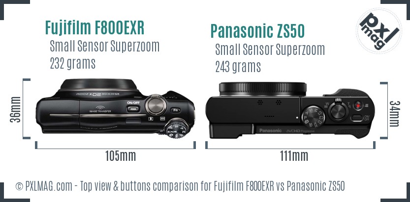 Fujifilm F800EXR vs Panasonic ZS50 top view buttons comparison