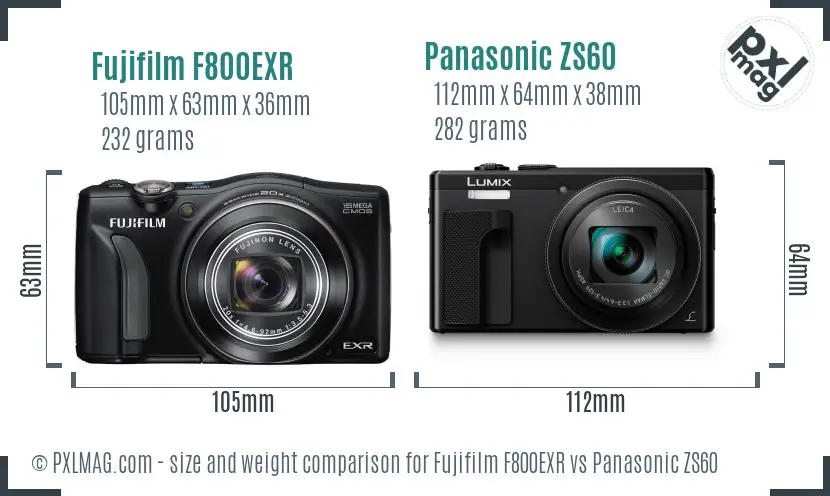 Fujifilm F800EXR vs Panasonic ZS60 size comparison