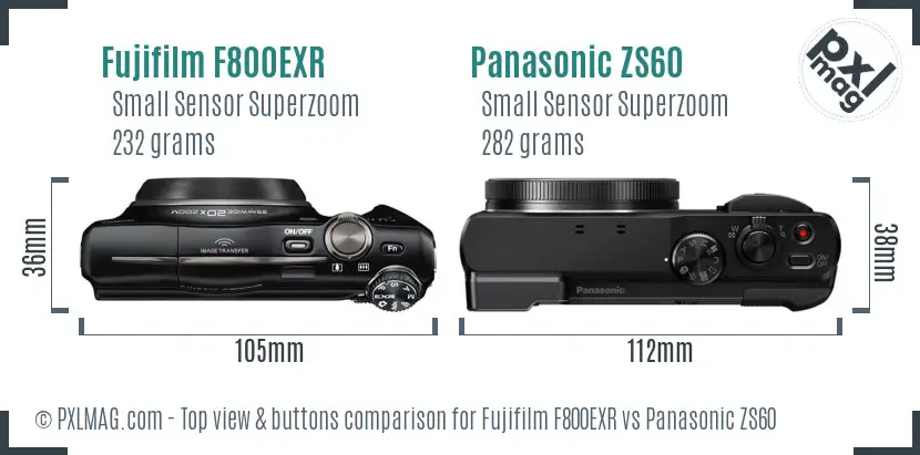 Fujifilm F800EXR vs Panasonic ZS60 top view buttons comparison