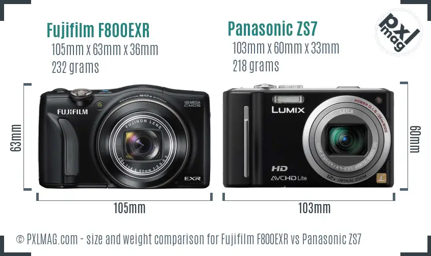 Fujifilm F800EXR vs Panasonic ZS7 size comparison