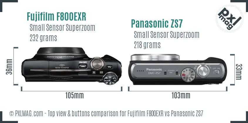 Fujifilm F800EXR vs Panasonic ZS7 top view buttons comparison