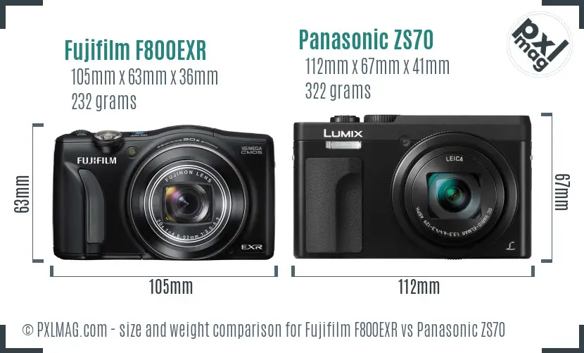 Fujifilm F800EXR vs Panasonic ZS70 size comparison