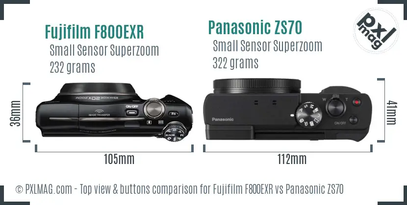 Fujifilm F800EXR vs Panasonic ZS70 top view buttons comparison