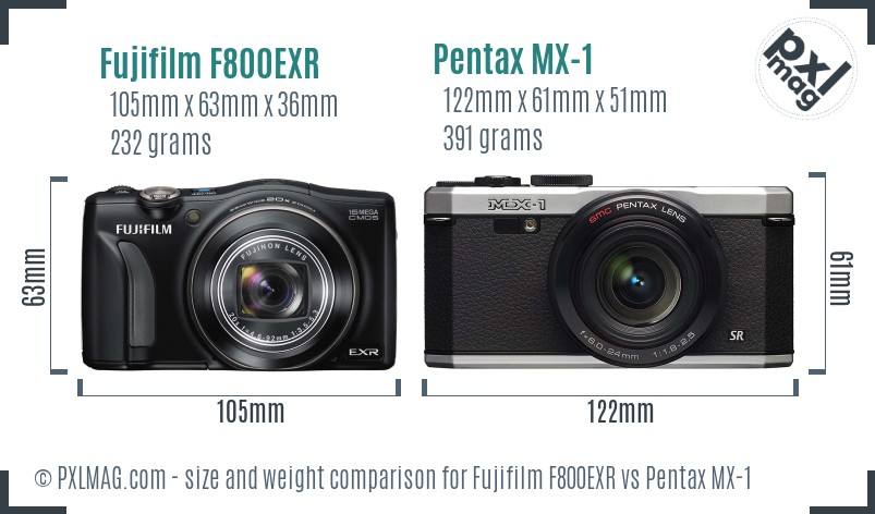 Fujifilm F800EXR vs Pentax MX-1 size comparison