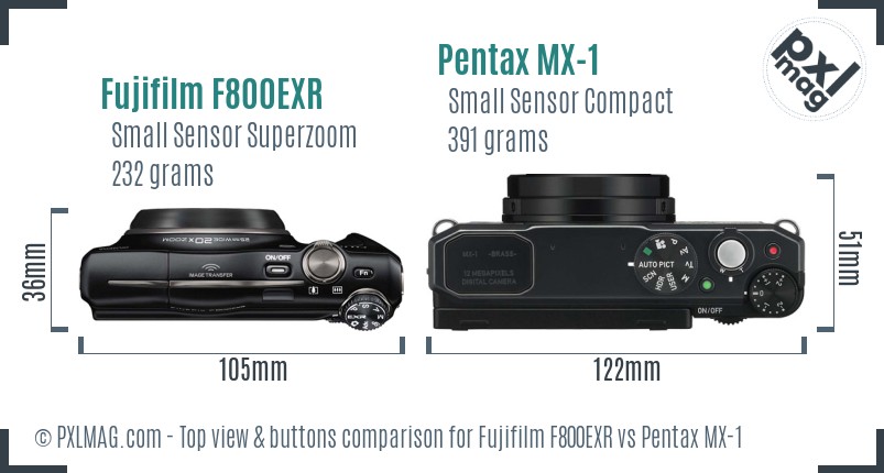 Fujifilm F800EXR vs Pentax MX-1 top view buttons comparison