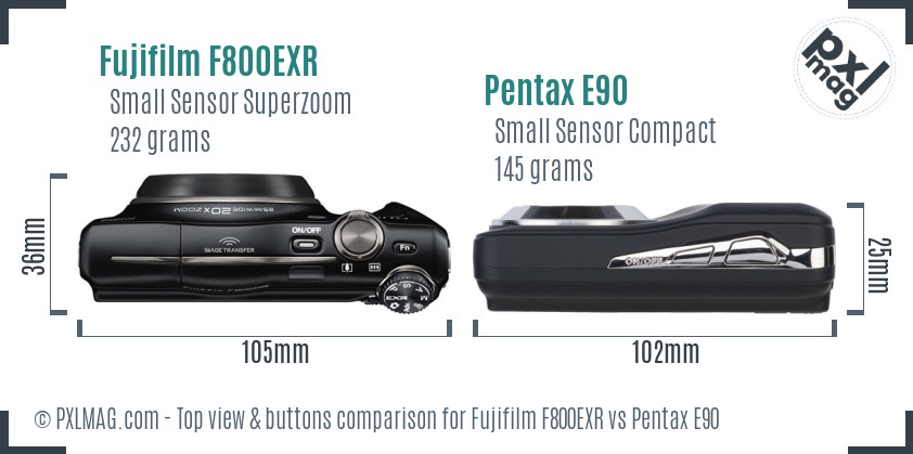 Fujifilm F800EXR vs Pentax E90 top view buttons comparison